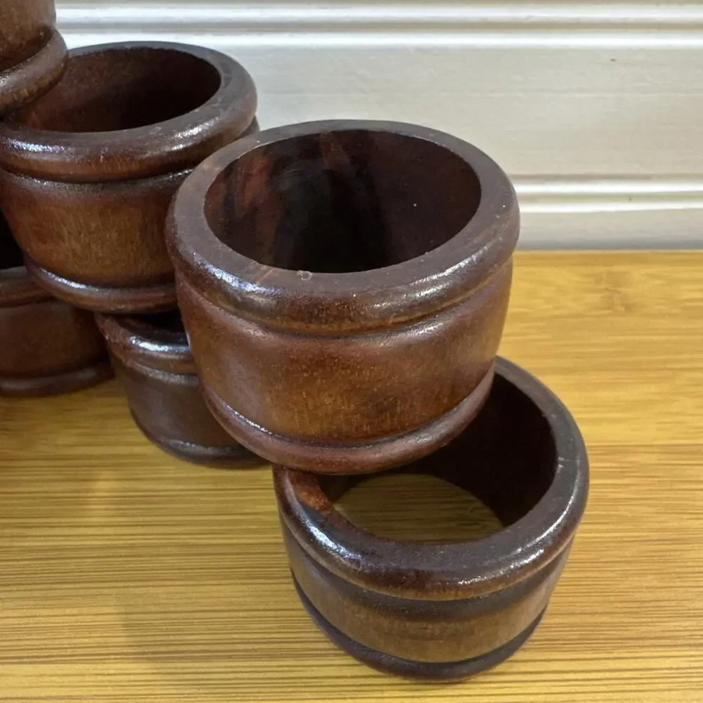 10 Vintage Pier 1 Wood Napkin Rings Ribbed Brown Teak MCM Boho Table Decor Set